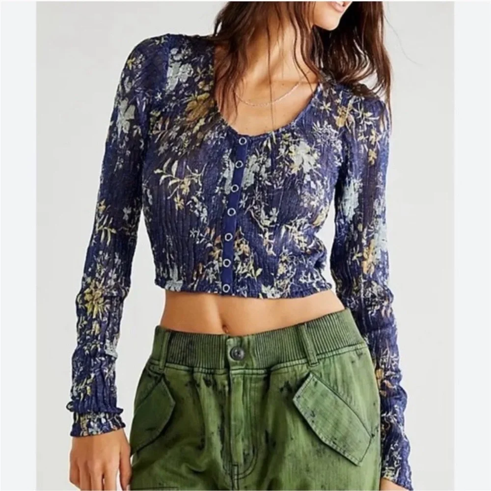 5 for $25!! Free People We the Free Angelina Top Indigo Floral Long Sleeve